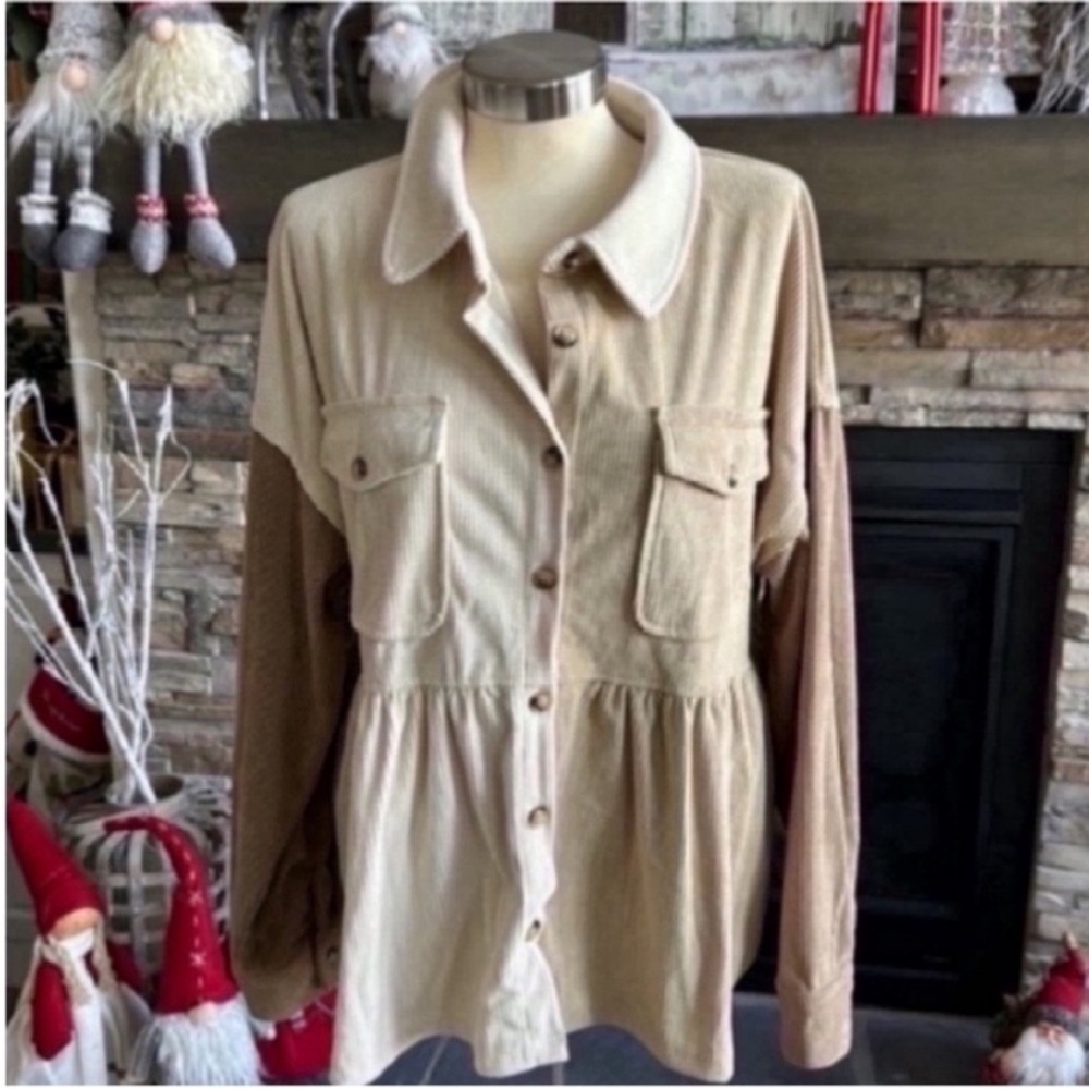 Cream and Tan Peplum Button Down Shirt - Picture 3 of 13